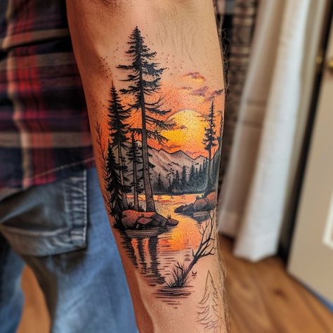 Alaska Landscape Tattoo, Forest On Fire Tattoo, Woodsy Sleeve Tattoo, Outdoor Forearm Tattoo Men, Nature Arm Sleeve Tattoos For Women, Campfire Tattoo Realistic, Mountain Cabin Tattoo, Sunrise Over Mountains Tattoo, Landscape Sleeve Tattoo