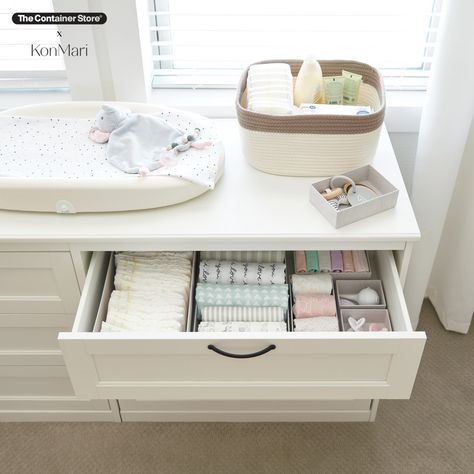 Get your nursery in order! Shop our sustainable Marie Kondo collection today. (Shown: Clay Brown Cotton Rope Bin, Calm Hikidashi Organizers) Baby Wardrobe Organisation, Nursery Drawer Organization, Konmari Organizing, Nursery Dresser Organization, Custom Closet Storage, Nursery Drawer, Clothes Drawer Organization, Ideas Habitaciones, Ikea Nursery