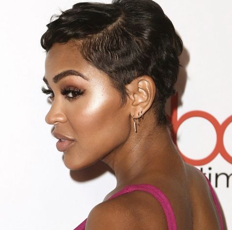 Pixie Haircut Side Part, Porsha Williams Short Hair, Elegant Brunch Outfit, Meagan Good Short Hair, Hair Shapes, Haircut For Face Shape, Short Relaxed Hairstyles, Black Women Short Hairstyles, Pixie Haircut Styles