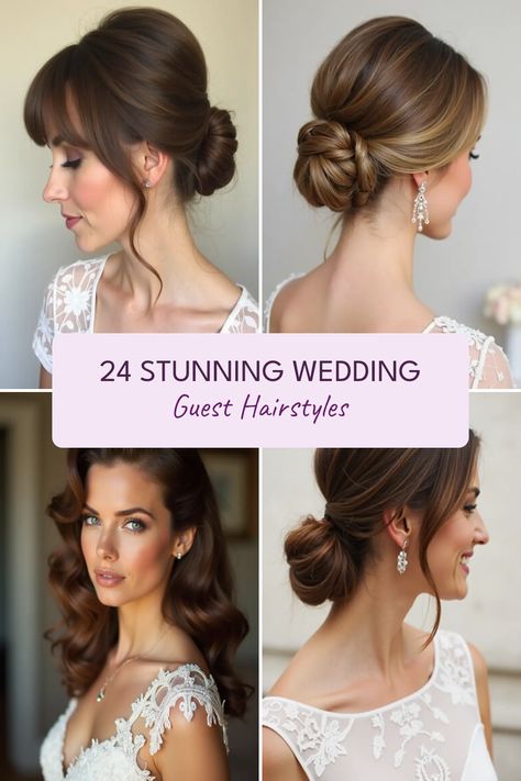 Looking for the perfect hairstyle to shine at the next wedding? Check out these 24 stunning guest hairstyles that will ensure you look fabulous! From elegant updos with bangs to chic low ponytails with twists, we've got styles for every personality. Try classic old Hollywood waves for a timeless look, or go for an effortless loose and low ponytail that’s oh-so-stylish. Each hairstyle is designed to complement your outfit and help you make a statement while you celebrate love. Hair inspo is just a click away! Wedding Guest Hairstyles Humidity, Formal Gala Hairstyles, Twisted Updo Wedding, Hair And Makeup For Wedding Guest, Wedding Guest Hairstyles High Neck Dress, Best Hairstyles For One Shoulder Dress, Medium Length Wedding Guest Hairstyles, Black Tie Optional Hairstyles, Bridesmaid Hair Blowout