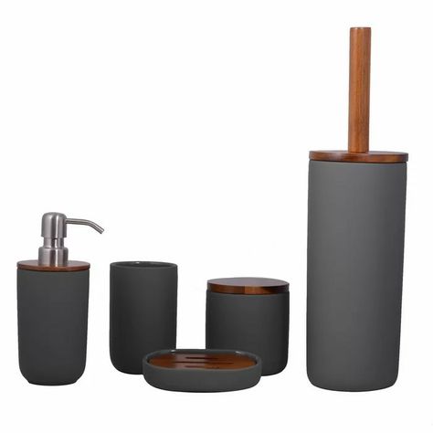 5 Piece Bathroom, Dark Gray Bathroom, Gray Bathroom Accessories, Bad Set, Towel Decor, Dish Soap Dispenser, Hand Towels Bathroom, Bathroom Accessory Set, Bath Storage