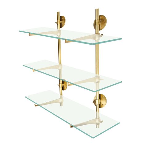 Glass Floating Shelves Kitchen, Glass Shelves In Kitchen, Brass And Glass Shelves, Glass Shelves Bar, Glass Bar Shelves, Bistro Shelving, Tom Dixon Lighting, Floating Glass Shelves, Touchless Kitchen Faucet