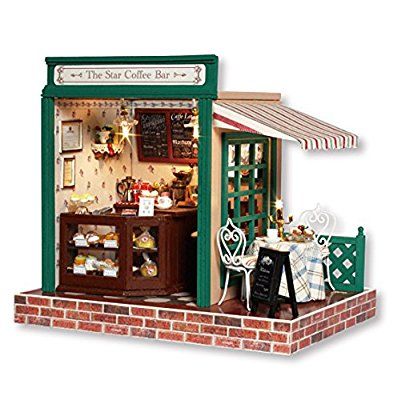 DIY Wooden Miniature Dollhouse Kit--Coffee Bar Model with Furniture/Food/LED Light/Music box, Dollhouses - Amazon Canada Building Reference, Furniture Led, Wooden Miniature, Diy Coffee Bar, Mini Business, Dollhouse Miniatures Diy, Star Coffee, Toy House, Dollhouse Toys