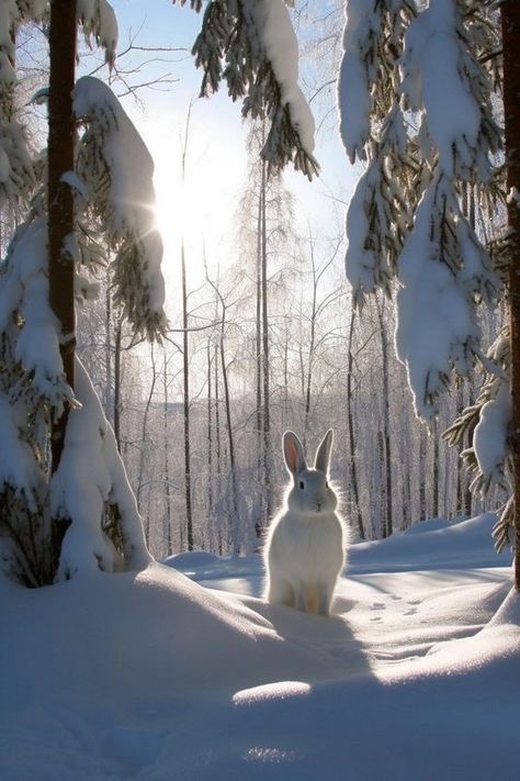 White Bunny In Snow, Bunnies In Snow, Wild Rabbit Aesthetic, Winter Forest Photography, Rabbits Photography, White Rabbit Aesthetic, Aesthetic Snow Pictures, Bunny In Snow, Snow Landscape Photography