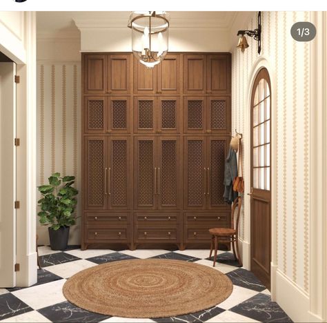 Lockers With Drop Zone, Mudroom Wood Cabinets, Mudroom Locker Interior, Foyer Built Ins Entrance, U Shaped Mudroom Ideas, High End Mudroom, Vintage Mudroom Ideas, Foyer Drop Zone, Townhouse Mudroom