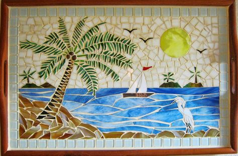 "Beach Scene" Mosaic 24"x16" Mosaic Beach Scenes, Sunrise Tropical, Mosaic Templates, Mosaic Beach, Beach Mosaic, Bordados Tambour, Mosaic Tray, Beach Canvas Wall Art, Mosaic Art Projects