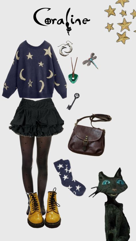 Cat From Coraline Costume, Coraline Outfit Halloween, Cute Coraline Costume, Coraline Aesthetic Clothes, Hot Coraline Costume, Coraline Group Costume, Coraline Inspo Outfit, Coraline Jones Outfit, Coraline Jones Costume