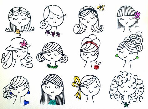 People Doodles, Girl Doodle, Face Doodles, Doodle People, Hair Clipart, Stick Figure Drawing, Easy Drawings For Kids, Easy Doodle Art, Easy Doodles Drawings