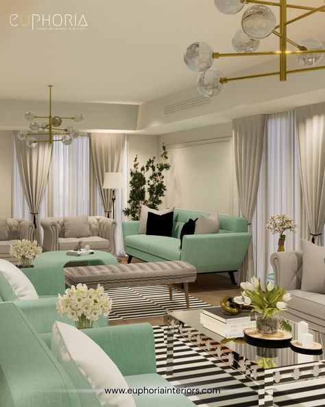 Modern Mint Living Room Design Mint Living Rooms, Designed Living Room, Green Sofas, Striped Rugs, Mirrored Coffee Table, Interior Sketch, Modern Chandeliers, Green Sofa, Living Room Design