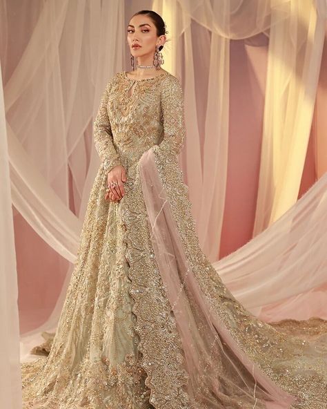 This sumptuous bridal ensemble is a masterpiece of opulence, showcasing the finest tissue lama fabric lavishly adorned with intricate silver zardozi embroidery. Delicate floral patterns and scalloped borders dance across the fabric, creating a mesmerizing display of craftsmanship. The matching lehenga, crafted from the same luxurious fabric, features scalloped edging and ornate zardozi borders, adding depth and dimension to the overall design. The pièce de résistance is the vibrant candy pink... Anarkali Bridal, Walima Dress, Desi Wedding Dresses, Asian Bridal Dresses, Asian Wedding Dress, Lehenga Gown, Latest Bridal Dresses, Bridal Dresses Pakistan, Gold Gown