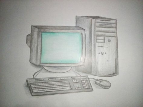 Draw with pencil of computer system on white paper.. Computer System Drawing, Computer System, Pencil Sketch, Silver Watch, Sketch, Pencil, Computer, Art