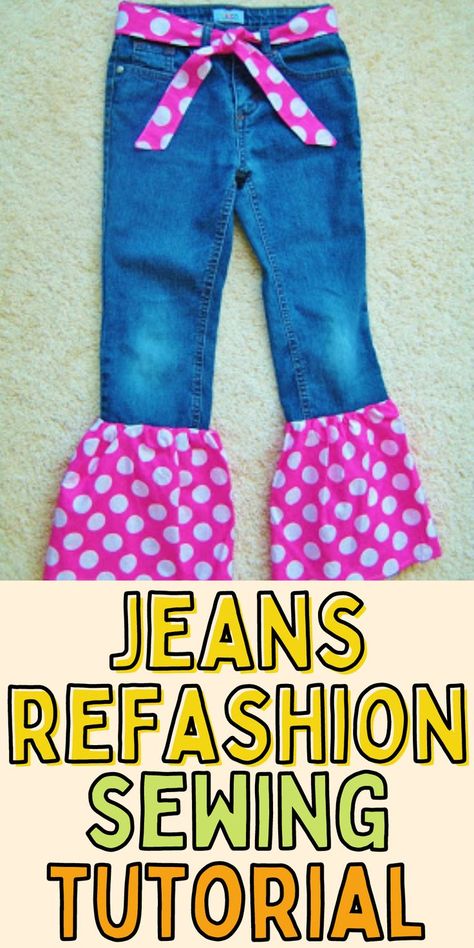 Tips to repurpose jeans. How to add fabric to jeans. Tips for sewing on jeans. How To Add Fabric To Jeans, Fabric Bell Bottoms, Add Fabric To Jeans, Adding Fabric To Jeans, Turn Jeans Into Bell Bottoms, Diy Bell Bottom Jeans No Sew, How To Add Fabric To Jeans To Make Bell Bottoms, How To Add Ruffles To Pants, Diy Ruffle Bottom Jeans