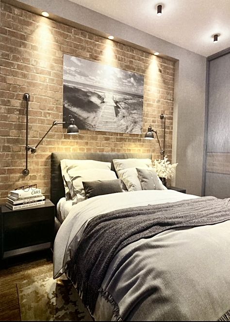 Brick Slip Bedroom Wall, Brick Bedroom, Light Brick, Headboard Wall, Industrial Interior Design, Master Room, Unique House Design, Unique Houses, Residential Design