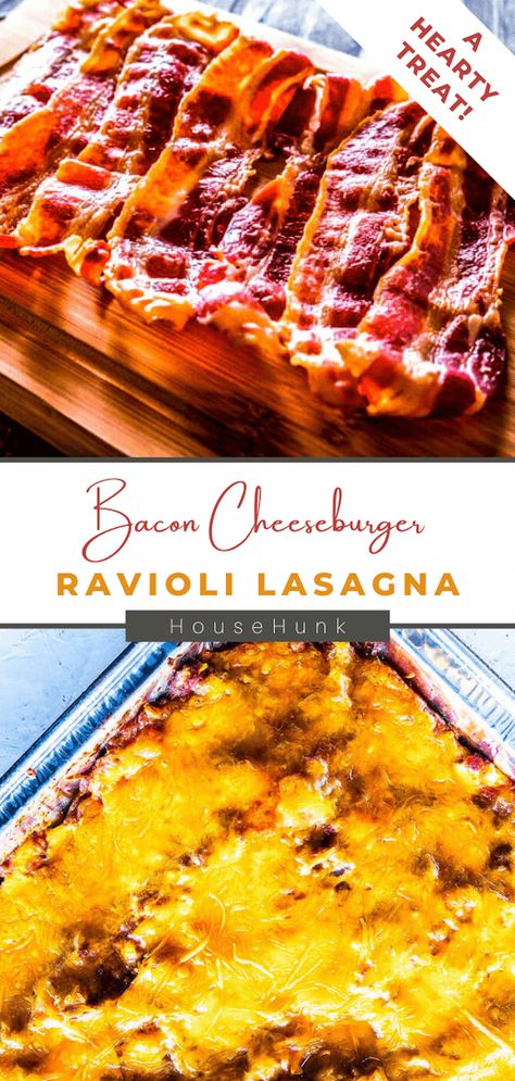 Bacon Cheeseburger Ravioli Lasagna - a delicious fusion of Italian and American cuisine! Layers of meat ravioli, savory ground beef, and melted cheese, topped with crispy bacon pieces, and baked to perfection with tomato sauce. This easy and indulgent recipe is perfect for a cozy family dinner or special occasion. Try it out now! #BaconCheeseburgerRavioliLasagna #ItalianAmericanFusion #FamilyDinnerRecipes Cheeseburger Lasagna Recipe, Cheese Burger Lasagna, Bacon Tortilla, Bacon Cheeseburger Lasagna, Lazy Lasagna Ravioli With Meat, Meat Ravioli, Bachemelle Sauce Lasagna, Ravioli Lasagna, Drink Inspiration