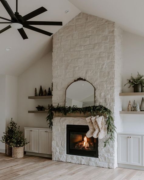 We love a timeless, stone fireplace and the warmth it adds to a space🤎 • • • • 📸@brookepavel | Instagram Brick Fireplace Mantles, White Stone Fireplaces, White Brick Fireplace, Fireplace Built Ins, White Fireplace, Fireplace Remodel, Diy Fireplace, Christmas Fireplace, Home Fireplace