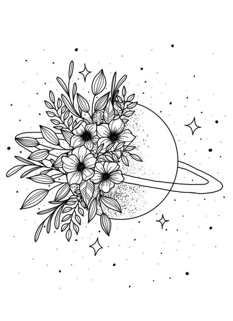 Planet With Flowers Tattoo, Planet Flower Drawing, Flower Planets Art, Saturn And Flowers Tattoo, Saturn Floral Tattoo, Saturn With Flowers Tattoo, Flower Planets Tattoo, Flower Space Tattoo, Planet And Flowers Tattoo