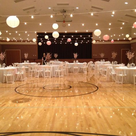 Cultural hall wedding #legacyweddingsutah Reception In A Gym, Wedding Reception Gym Ideas, Dinner Dance Decorations, Banquet Hall Decorations Birthday, Dance Hall Decorations, Event Hall Decoration, Hall Decoration Ideas Party Simple, Birthday Decoration Ideas At Hall, Graduation Party Hall Decorations