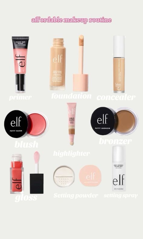 Affordable Clean Girl Makeup, Elf Makeup Tutorial Step By Step, Elf Makeup Products Aesthetic, Cheap Makeup Routine, E.l.f. Makeup Elf Products, Elf Products Makeup, Elf Makeup Routine, E.l.f. Makeup, That Girl Makeup Products