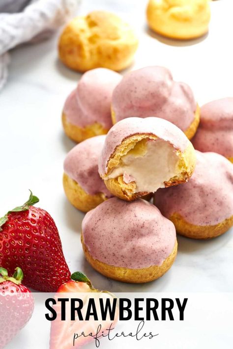 Valentines Cream Puffs, Choux Pastry Filling Ideas, Strawberry Puff Pastry Dessert, Choux Pastry Desserts, Strawberry Aesthetics, Farm Treats, Cream Puff Flavors, Strawberry Cream Puff, Strawberry Cream Puffs