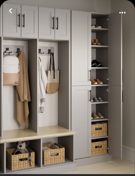 Hall Cupboard Design, Mudroom Closet Ideas, Small Entryway Storage Ideas, Entry Way Closet Makeover, Small Entryway Storage, Landing Storage, Entryway Storage Ideas, Mudroom Cabinet, Entry Way Lockers