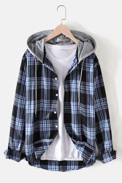 June Egbert, Falcon Design, Oversized Shirt Men, Plaid Print Shirt, Hooded Long Sleeve Shirt, Hoodies Men Style, Sweat Workout, Streetwear Mode, Korean Streetwear