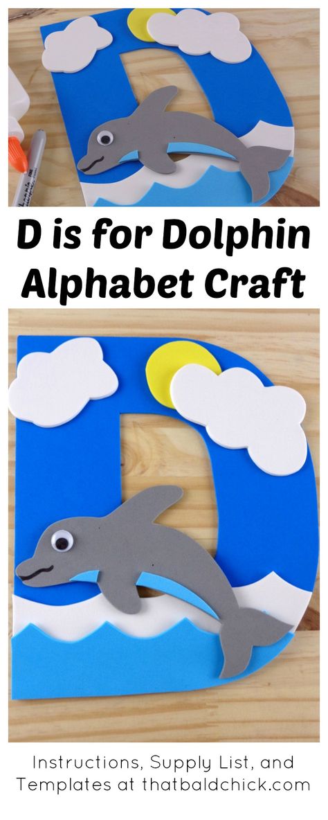 This D is for Dolphin Alphabet Craft is perfect for learning about letters sounds and aquatic animals! Get the instructions, supply list, and templates.  via @thatbaldchick D For Dolphin Craft, D Is For Dolphin Craft, Dolphin Craft, Aquatic Theme, Preschool Ocean, Letter D Crafts, Sea Animal Crafts, Ocean Ideas, Ocean Theme Preschool