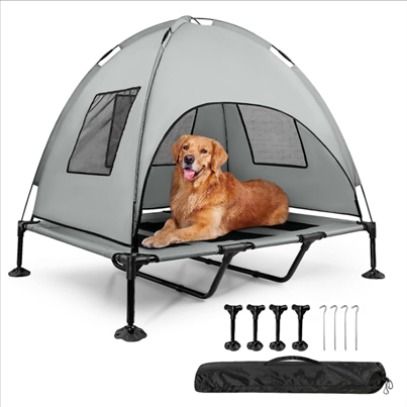 Summer fun for the whole family, making sure the fur babies stay cool too. Dog Bed With Canopy, Dog Tent Bed, Bed With Canopy, Raised Dog Beds, Dog Tent, Dog Cots, Outside Dogs, Elevated Dog Bed, Outdoor Dog Bed