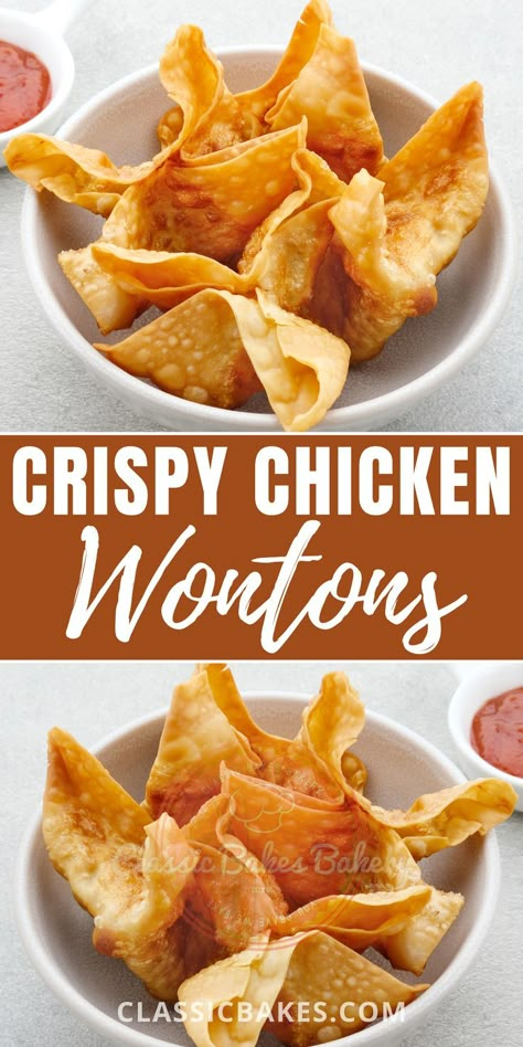 Chicken Wonton Recipes Filling, Crispy Baked Wontons, How To Cook Wontons, Chicken Won Tons Recipes, Buffalo Chicken Wontons Fried, Ground Chicken Wonton Recipes, Ground Chicken Wontons, Fried Chicken Wontons, Wonton Filling Recipe Chicken