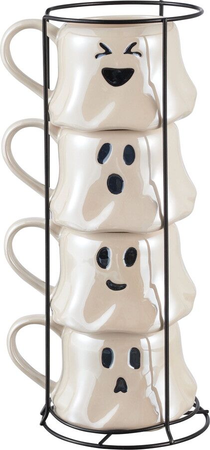 Halloween 13-Ounce White Ghost Stoneware Stackable Mug Set with Iron Rack, by Way To Celebrate Paw Patrol Party Supplies, Spooky Coffee, Way To Happiness, Halloween Kitchen Decor, Plastic Party Cups, Cute And Spooky, Modern Mugs, White Ghost, Halloween Kitchen