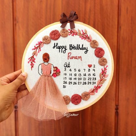 Watch complete step by step tutorial in my youtube channel "Embroidery by Gossamer" ❤️ Birthday Calendar Hoop Embroidery, Embroidery Calendar Pattern, Calendar Hoop Embroidery, Love Calendar, Embroidery Hoop Art Diy, Cutwork Blouse, Birthday Girl Quotes, Simple Hand Embroidery Patterns, Ribbon Embroidery Tutorial