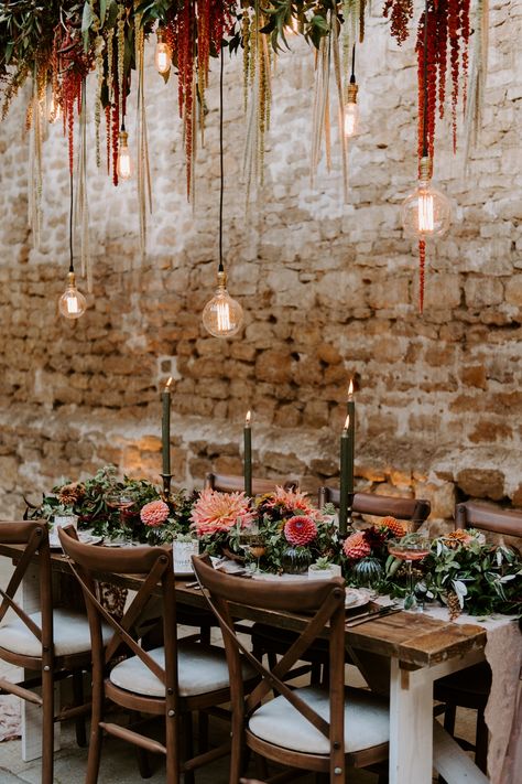 Autumn Wedding Long Table Decor, Autumn Wedding Marquee Decoration, Fall Wedding Hanging Flowers, Autumnal Wedding Decorations, Wedding Hanging Flowers, Hanging Flowers Wedding, Autumnal Style, Ethical Wedding, Long Candles