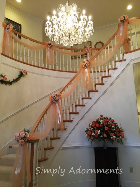 Wedding staircase bows by Simply Adornments Staircase Decoration Wedding, Staircase Wedding Flowers, Banquet Entrance, Bridal Staircase Decor, Stairs Decoration Wedding, Stairs Decoration Wedding Indian, Indian Wedding Staircase Decor, Wedding Staircase Decoration Railings, Staircase Wedding Decor Railings