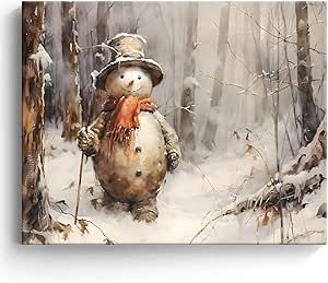 Vintage Snowman Christmas Canvas Wall Art Decor - 8X10 inch Rustic Winter Snowy Forest Scene with Snowman - Holiday Decoration for Living Room, Bedroom, Office - Premium Quality Canvas Print Primitive Christmas Paintings, Vintage Snowman Images, Forest Canvas Painting, Snowmen Paintings, Farmhouse Snowman, Winter Farmhouse Decor, Old Grist Mill, Rustic Snowman, Snowman Art