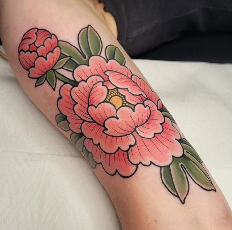 Peony On Hand Tattoo, Peony Bud Tattoo, Traditional Peony Tattoo Design, Bubblegum Traditional Tattoo, Trad Peony Tattoo, American Traditional Peony Tattoo, Peony Traditional Tattoo, American Traditional Peony, American Traditional Peonies