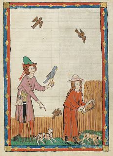 Codex Manesse, folio 394r. Kunz von Rosenheim. German, ca. 1304-1340. Medieval Hunting, Medieval Artwork, Medieval Garb, Illustrated Manuscript, Medieval Paintings, Medieval Woman, Late Middle Ages, Medieval Life, Medieval Manuscript