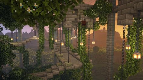 Minecraft Hanging House Ideas, Minecraft Waterwheel House, Walkway Minecraft, Waterwheel Minecraft, Hanging Minecraft House, Minecraft Walkway, Minecraft Inspo Aesthetic, Hanging House Minecraft, Minecraft Walkway Ideas