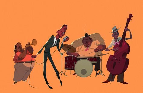 Jazz Band Illustration, Jazz Band Art, Jazz Character Design, Jazz Animation, Gang Character Design, Jazz Cartoon, Jazz Illustration, Band Illustration, Character Shapes