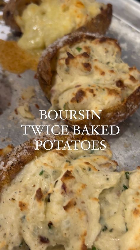 BOURSIN TWICE BAKED POTATOES 🥔 NEED.I.SAY.MORE. Ya’ll these are unreal. We were all speechless to be honest, lol. I don’t really have much more to add except…go to the store and get the ingredients to make this immediately. That is all. INGREDIENTS: 5 Russet Potatoes 2 packages Garlic & Herb Boursin 3 TBSP Salted Butter Flaky Maldon Salt Freshly Cracked Black Pepper 1/3 CUP half & half or heavy cream 1/3 CUP minced chives, plus more for garnish 3 strips of cooked bacon, chopped EVOO DIRECTI Entree With Mashed Potatoes, Half Baked Harvest Potatoes, Boursin Baked Potato, Boursin Potatoes Recipe, Boursin Twice Baked Potato, Twice Stuffed Baked Potatoes, Recipe With Russet Potatoes, Best Twice Baked Potatoes Recipe, Boursin Cheese Potatoes