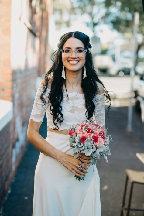 ETHLINN Glasses Wedding Bride, Brides In Glasses, Groom In Shorts, Bride Glasses, Non White Wedding Dresses, Bride With Glasses, 2 Piece Wedding Dress, Alternative Bride, Unique Bride