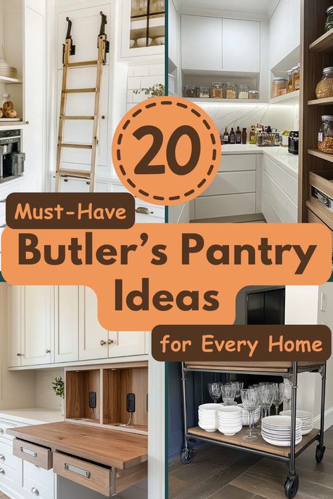 Want to make the most out of your butler’s pantry? Here are 20 brilliant ideas to add elegance, storage, and convenience to your kitchen space. Ideal for anyone who loves a well-organized and beautiful kitchen! #ButlersPantry #KitchenOrganization #PantryInspiration #HomeDecorTips #KitchenDesign Pantry With Appliance Counter Storage, Butlers Pantry Must Haves, Pantry Window Ideas, Food Pantry Cabinet Ideas, Kitchen And Butlers Pantry Layout, Kitchen Pantry Wall Ideas, Second Kitchen Pantry, L Shape Butlers Pantry, Diy Butlers Pantry Ideas