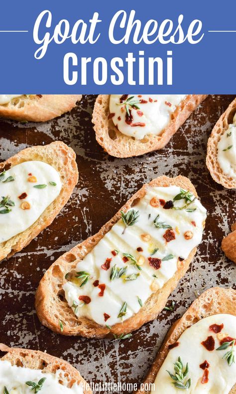 Looking for easy Goat Cheese Appetizer Ideas? Then you’ll LOVE this delicious Goat Cheese Crostini recipe! Learn how to make the BEST Goat Cheese Crostini using simple ingredients: homemade Whipped Goat Cheese spread, honey, and thyme. This easy Chevre Crostini is so flavorful (you’ll love the sweet-savory flavors) … a total crowd-pleaser that’s perfect for a party! Best of all, this Goat Cheese Honey Appetizer is ready in minutes! Easy Vegetarian snack recipe. | Hello Little Home Whipped Goat Cheese Crostini, Make Goat Cheese, Easy Crostini, Honey Appetizers, Goat Cheese And Honey, Vegetarian Snacks Easy, Goat Cheese Honey, Crostini Toppings, Roasted Grape Tomatoes