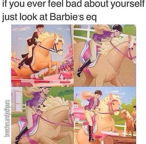 Not every rider is perfect.  Just look at Barbie's Equestrian Funny, Pictures Of Horses, Cowgirl Problems, Equestrian Memes, Funny Horse Memes, Horse Girl Problems, Horse Meme, Horse Quotes Funny, Funny Horse Pictures