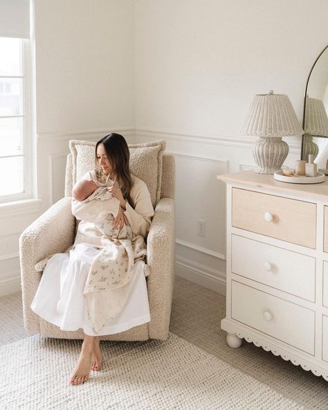 Morning moments in the nursery with @samanthapgleave and our Flynn glider.☁️ Photo: @jesskettle Nursery Glider Rocker Recliner, Sherpa Rocking Chair Nursery, Glider Ottoman Nursery, Baby Recliner, Davinci Piper Recliner Nursery, Nursery Recliner, Cloud Fabric, Nursery Glider, Glider Recliner