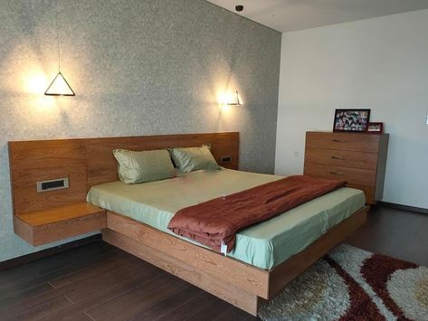 Headboard With Attached Nightstands, Bed With Attached Side Tables, Bed Attached Side Table, Bed With Nightstands Attached, Bed Design With Storage, Bed Back Wall, Floating Hradboard With Nightstands, Wooden Bed Side Table, Bed Side Table Design