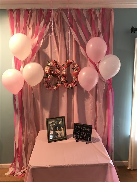 Plastic table cloths with streamers make a great backdrop for birthday tables and photo ops Gift Table Backdrop Ideas, Streamer Backdrop Ideas, Table Cloth Wall Decorations, Mastectomy Party, Table Cover Backdrop, Backdrop Streamers, 36 Birthday, Tablecloth Backdrop, Purple Tablecloth