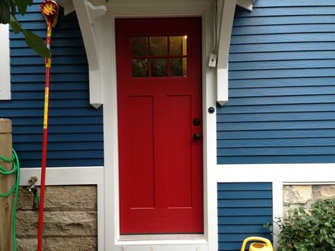 Blue House, White Trim, and Red Door in Elmhurst - Opal ... Blue House White Trim, Brick House Front Door Colors, Navy Blue Houses, Pintu Ganda, Dark Blue Houses, Red Door House, Exterior Home Renovation, Best Front Door Colors, Blue Siding