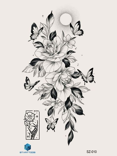 1sheet Flower & Butterfly Pattern Tattoo Sticker | EMERY ROSE Chest Sketch, Snowman Tattoo, Rose Flower Tattoos, Black Rose Flower, Floral Tattoo Sleeve, Sketch Tattoo, Floral Tattoo Design, Shoulder Tattoos For Women, Sleeve Tattoos For Women