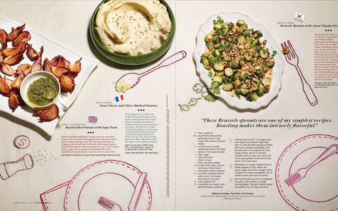 Stephen Campbell—Commission to hand stitch 3 table cloths for a food feature in the November 2011 issue of O Magazine. Food Magazine Layout, Recipe Book Design, Fashion Magazine Layout, 잡지 레이아웃, Cookbook Design, Zine Design, Graphic Design Ads, Publication Design, Food Journal