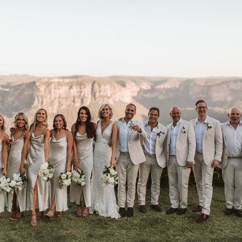 Cream Bridesmaid Dresses With Groomsmen, All Tan Wedding Party, All White Entourage, Gold And Green Bridal Party, Bridesmaid Dresses Matching Groomsmen, Bridesmaid And Groomsmen Outfits, Neutral Wedding Party Attire, White Wedding Party Attire, Champagne Bridesmaid Dresses With Grooms