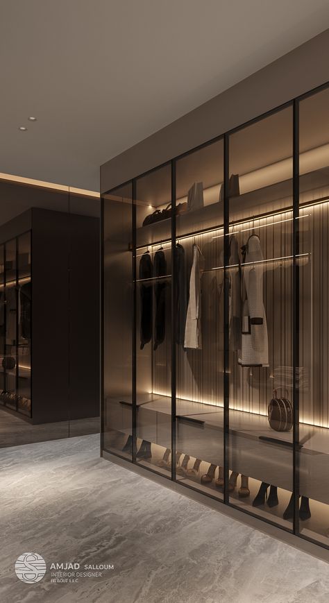 Dressing Room Wardrobe Design Modern, Closet Room Ideas Modern, Dressroom Interior, Dark Luxury Closet, Luxury Closet Black, Luxury Makeup Room, Dark Modern Walk In Closet, Luxury Walk In Closet Women Door, Classic Contemporary Walk In Closet